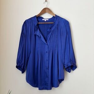 Rebecca Taylor Blue Stretch Silk Pintuck Blouse Sz 4 Office Spring